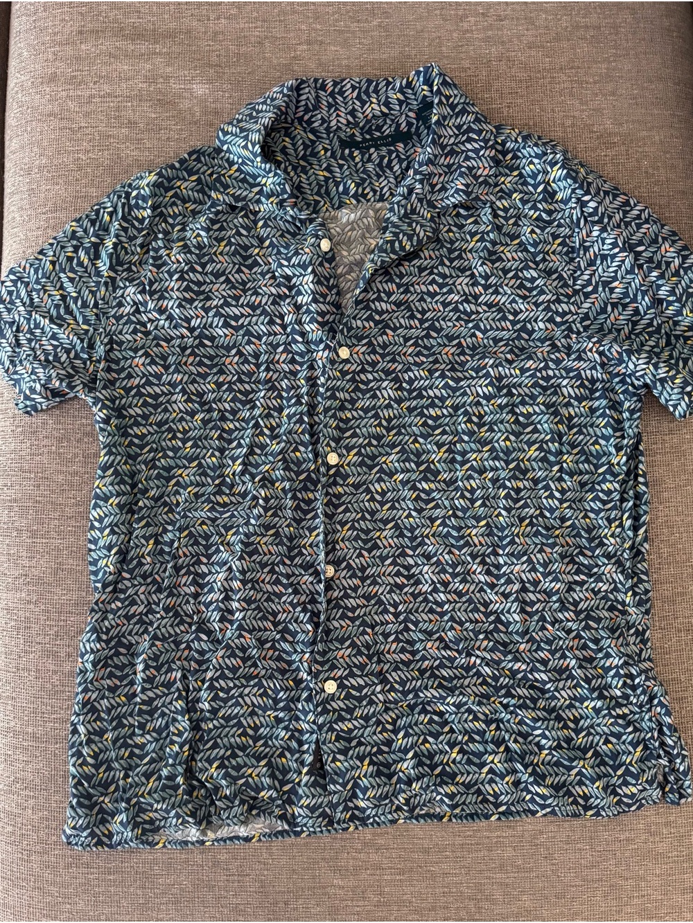Perry Ellis Navy Short-Sleeve Button-Down with Multicolor Leaf Print